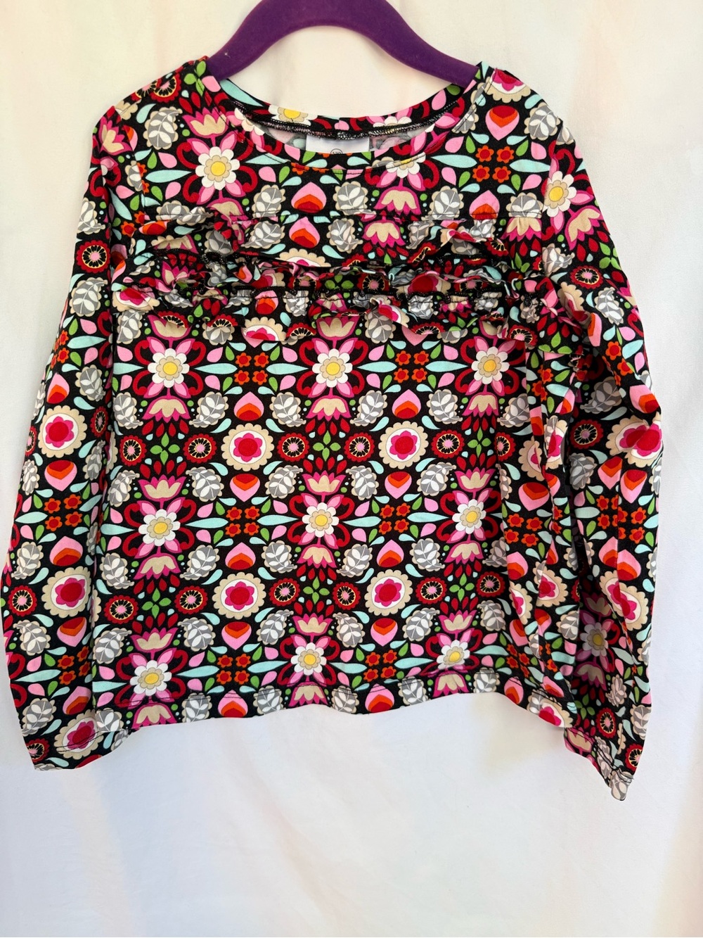 Hanna Andersson Black Long Sleeve Top with Pink Floral Pattern
